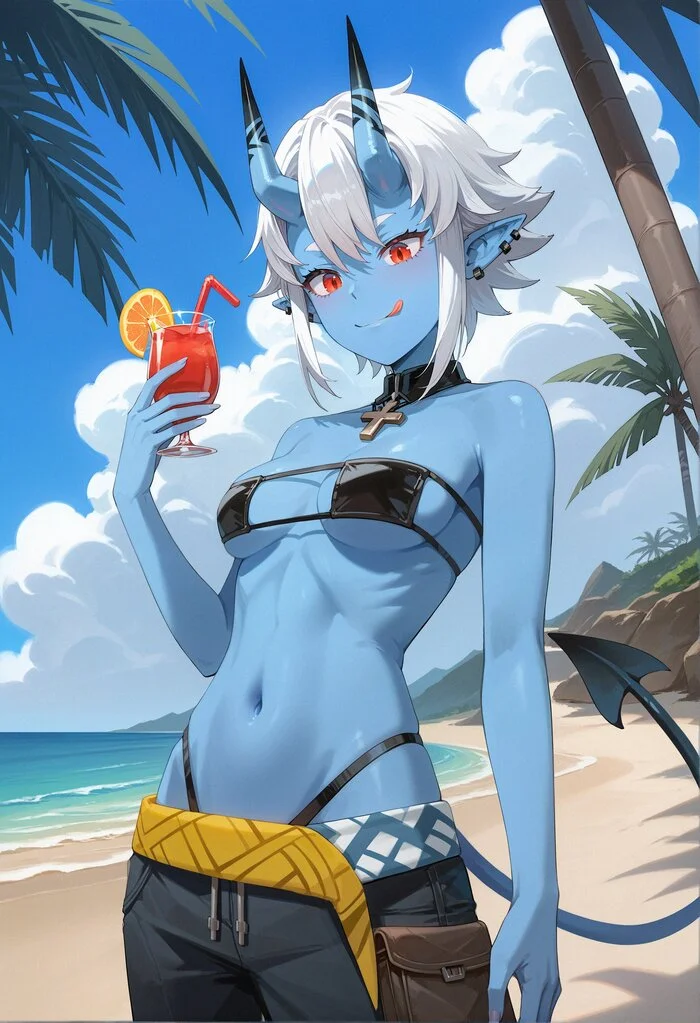 Sokaku - Anime art, Anime, Girls, Games, Zenless Zone Zero, Soukaku (zzz), Girl with Horns, Neural network art, Beach, Sea, Swimsuit, Bikini