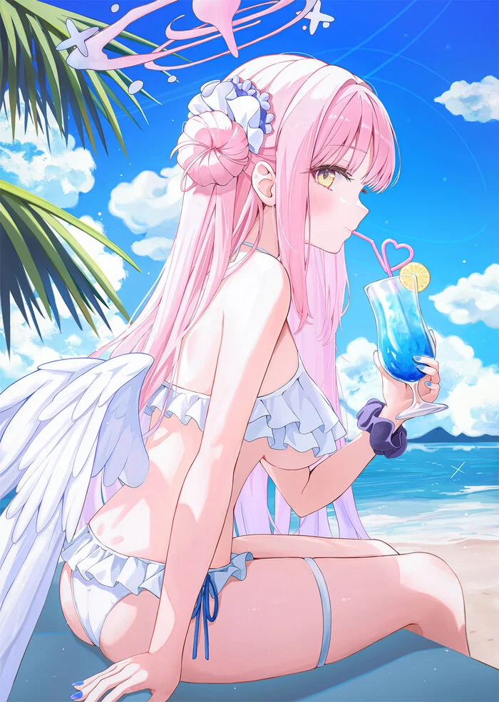 Mika on the beach - Anime art, Anime, Girls, Games, Blue archive, Misono Mika, Swimsuit, Bikini, Beach, Sea, Summer, Wings