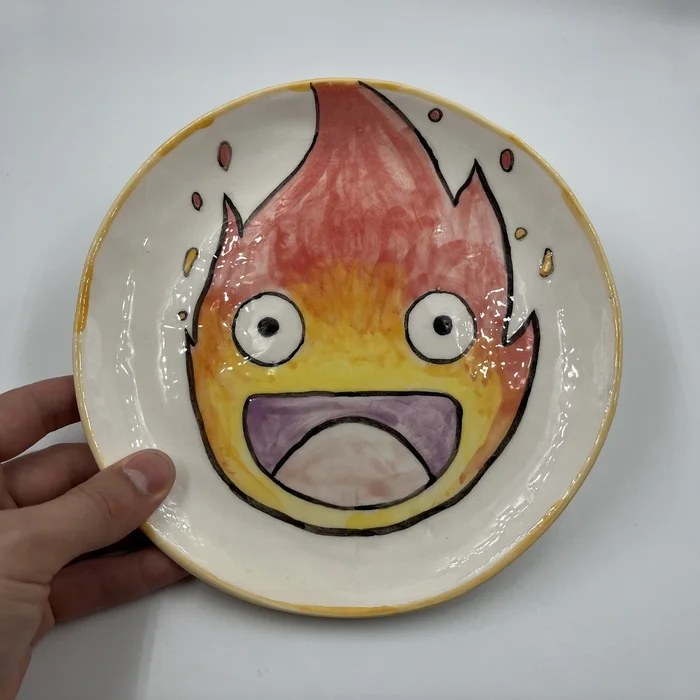 My - My, Plate, Calcifer, Handmade, Longpost, Needlework without process, Ceramics