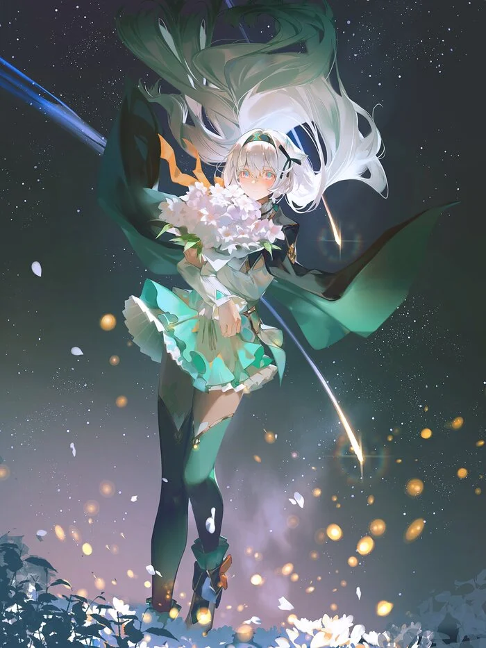 Hotaru - Anime art, Anime, Firefly (Honkai: Star Rail), Honkai: Star Rail, Starry sky, Starfall, Flowers