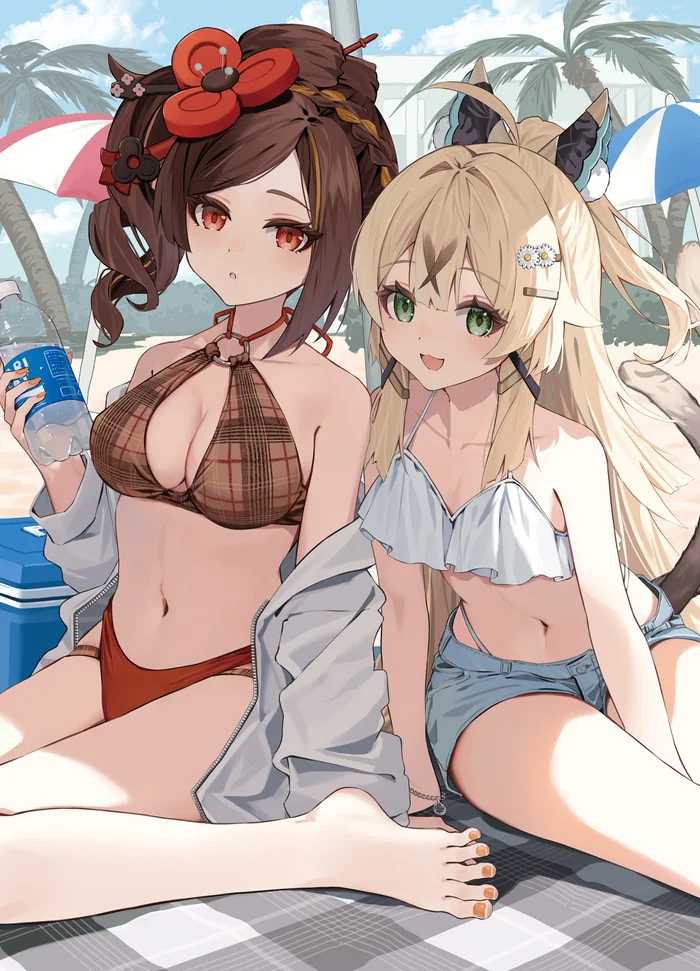 Kirara and Chiori - Anime art, Anime, Genshin impact, Kirara (Genshin Impact), Chiori (Genshin Impact), Swimsuit, Beach, Girls, Shorts, Long hair, Bikini, Stomach, Bottle, Barrette, Neckline