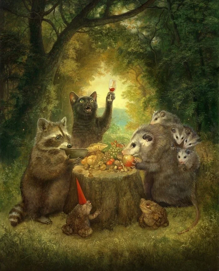 Kampai) - Art, cat, Opossum, Raccoon, Toad, Painting