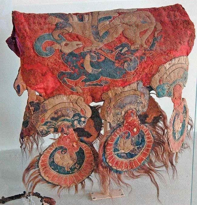 A cover for a 2,400-year-old Saka saddle with an applied felt decor depicting a griffin killing a mountain goat - Ancient artifacts, Archeology, Pazyryk culture