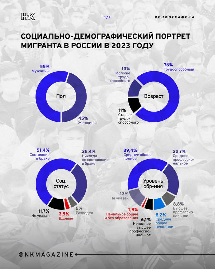 Инфографика: средний портрет мигранта в России на 2023 год – это мужчина трудоспособного возраста, женатый, чаще всего родом из Таджикистана - Моё, Экономика, Мигранты, Россия, Статистика, Инфографика, Длиннопост