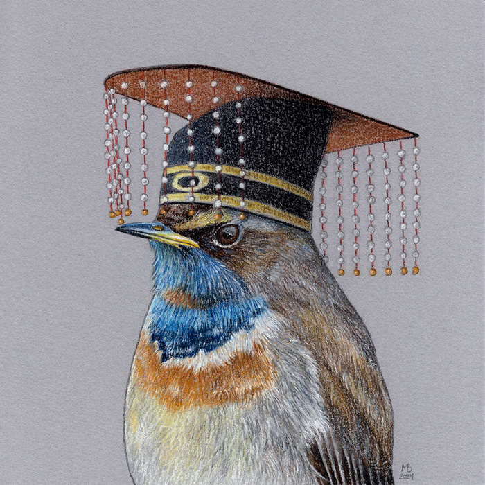 Варакушка в головном уборе мяньгуань, 14х14 см, пастельные карандаши