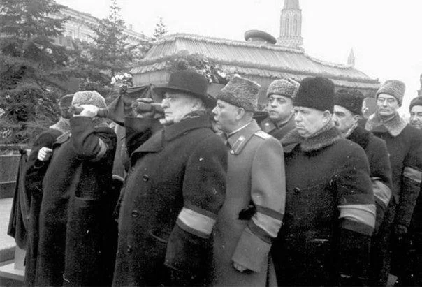 L.P. Beria, K.E. Voroshilov, A.N. Poskrebyshev, N.S. Khrushchev, A.I. Mikoyan, M.A. Suslov and others carry the coffin at Stalin’s funeral. THE USSR. March 9, 1953 - The photo, Black and white photo, the USSR, Moscow, 1953, Lavrenty Beria, Voroshilov, Nikita Khrushchev, Anastas Mikoyan, Suslov, Film