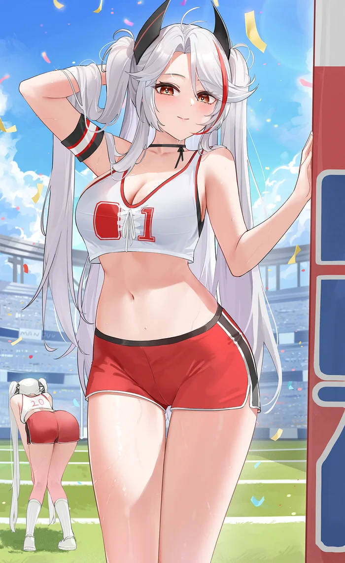 Prinz Eugen #001 - Anime Art, Аниме, Azur Lane, Formidable, Prinz Eugen, Девушки, Живот, Шорты, Стадион, Пот, Декольте, Длинные волосы