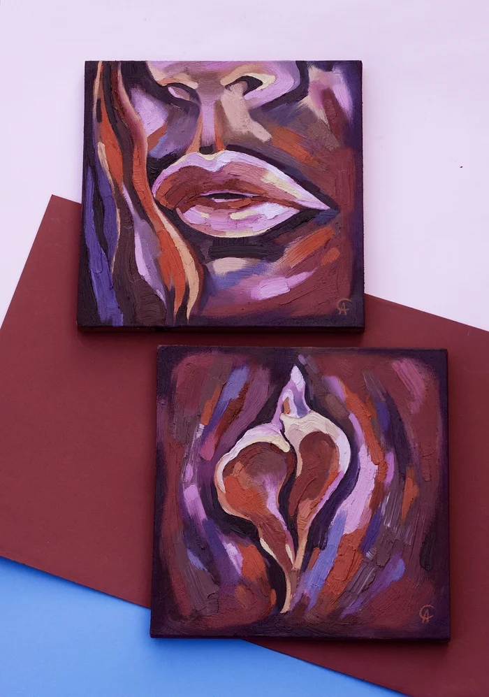 “Equal Beauty of Women’s Lips” Diptych - My, Art, Self-taught artist, I'm an artist - that's how I see it, Artist, Painting, Oil painting, Conversation piece, Hand-drawn erotica, Modern Art, Sexuality, Erotic, Art, Creation, Painting, Labia, Femininity, Drawing with a process, Needlework with process, beauty, Video, Vertical video, Longpost