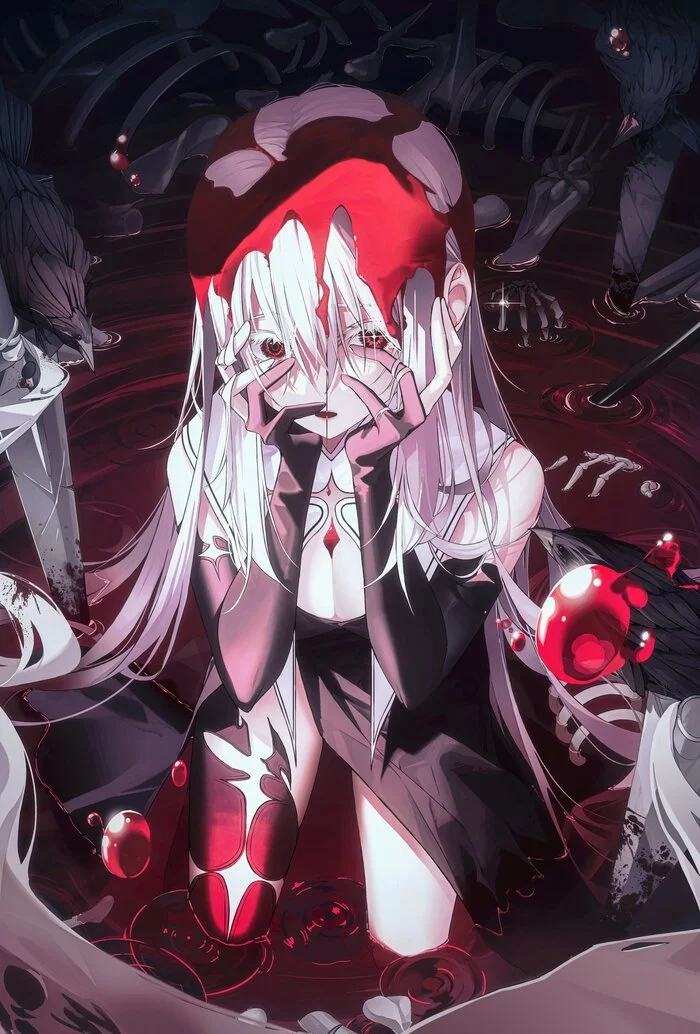 Despair - Anime art, Original character, Anime, Girls, White hair, Red eyes, Crow, Skeleton