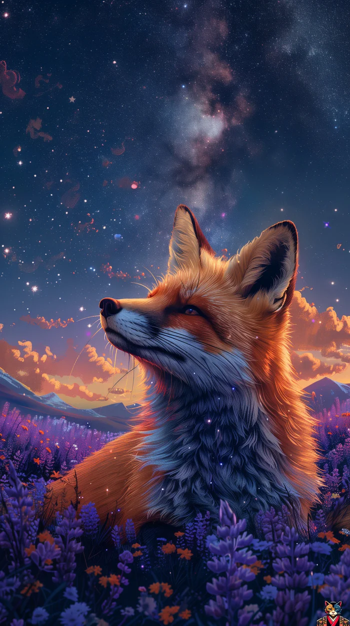 Midjourney: Starry sky, a field of purple flowers, distant mountains, rivers and a fox - Art, Neural network art, Нейронные сети, Artificial Intelligence, Midjourney, The mountains, Fox, Sky, Stars, Longpost