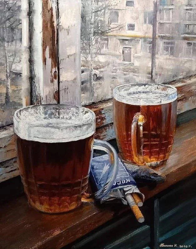 Good evening - Russia, Drawing, Beer, Cigarettes, Windowsill