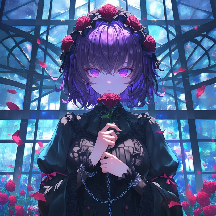 Anime art: In the rose greenhouse - My, Neural network art, Art, Anime art, Girls, Flowers, the Rose, Wreath, Colorful hair, Purple hair, Choker, Leash, Greenhouse, Lolita, Gothic, Gothic, Longpost