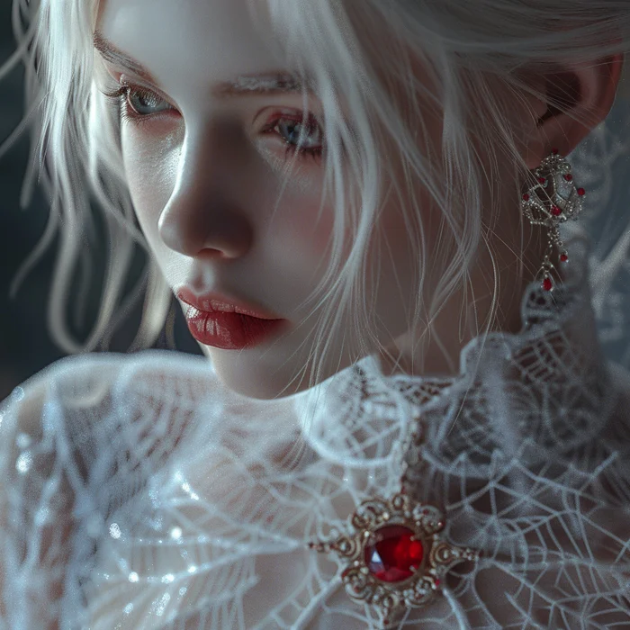 Girl with a ruby - My, Neural network art, Art, Girls, Ruby, Necklace, White hair, Cobwebs, Longpost