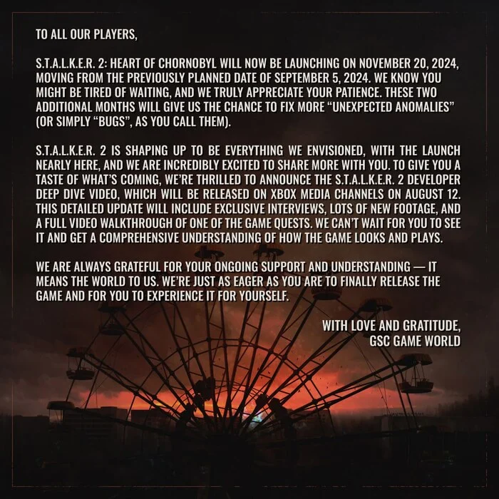 STALKER 2 has officially been postponed to November 20 - Computer games, Games, Stalker 2: Heart of Chernobyl, Game world news, Picture with text, Video, Longpost
