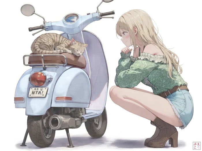 Warm place - Anime art, Anime, Girls, cat, Art, Motorcyclists, Shorts, Twitter (link), Original character