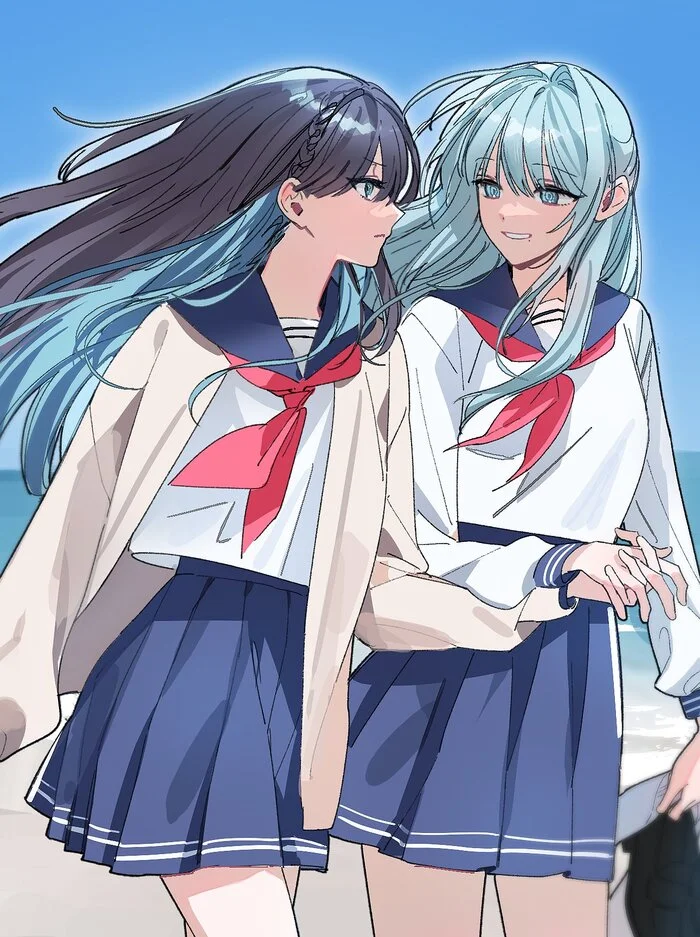 Unprotected hand holding - Anime art, Anime, Yuri, Friend, Original character, Sailor fuku, Holding hands, Twitter (link)