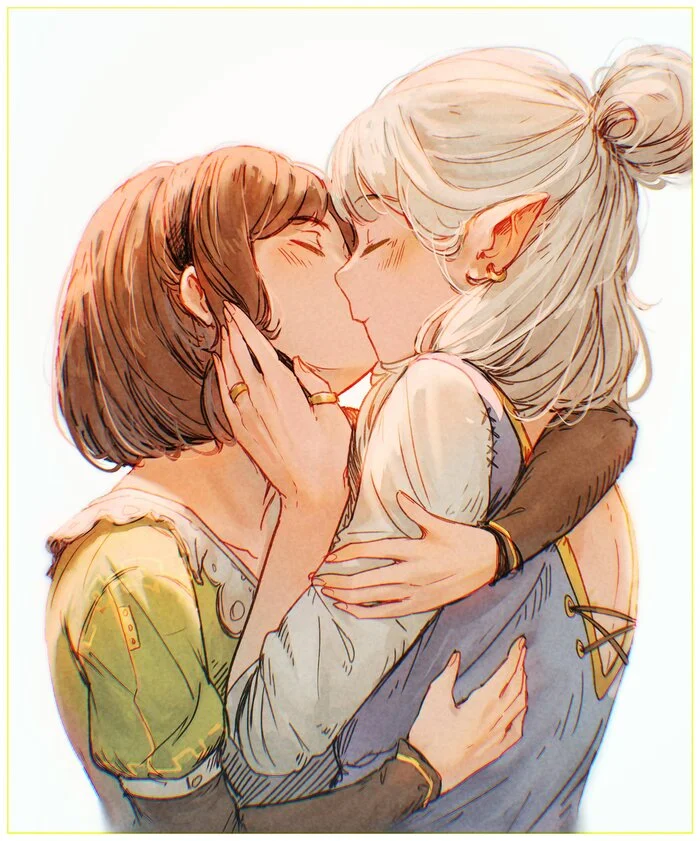 Original - Anime art, Anime, Yuri, Friend, Original character, Elves, Kiss, Twitter (link)