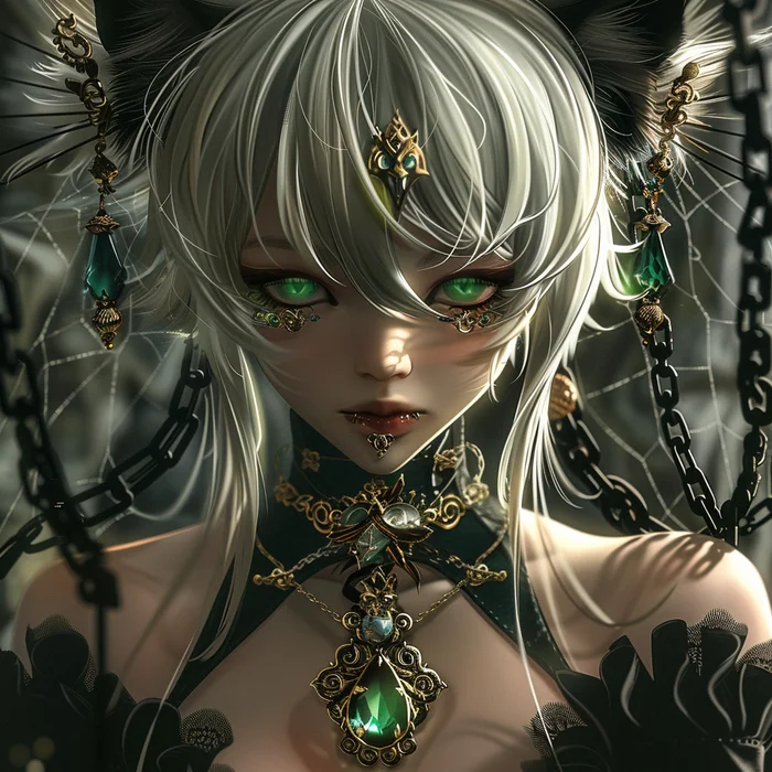 Cat girl with emerald - My, Neural network art, Art, Girls, Anime art, Emerald, Necklace, White hair, Green eyes, Neko, Catwoman, Cobwebs, Web, Longpost