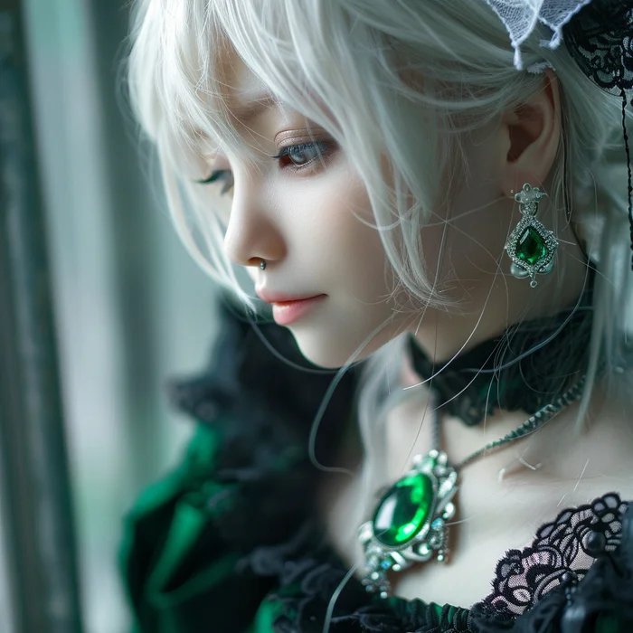 White-haired girl in emeralds - My, Neural network art, Art, Girls, White hair, Necklace, Emerald