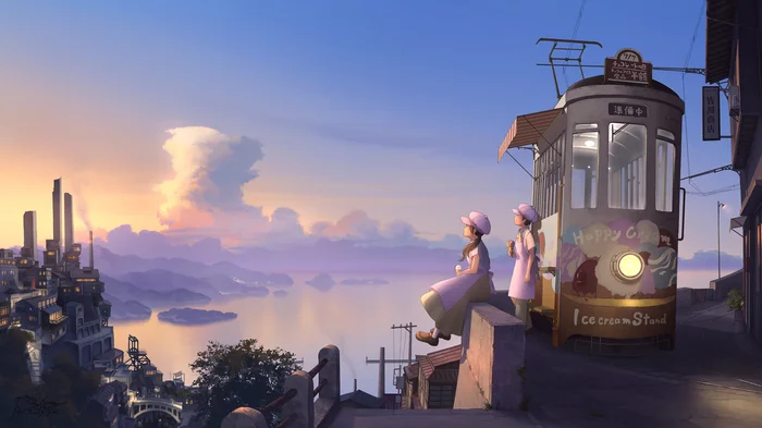 Continuation of the post “Mobile ice cream kiosk” - Anime art, Anime, Original character, Sunset, Clouds, Reply to post