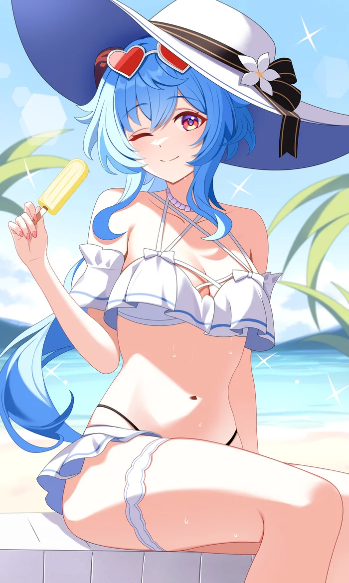 Ganyu - Anime art, Anime, Genshin impact, Ganyu (Genshin Impact), Girl with Horns, Swimsuit, Ice cream, Summer, Sea