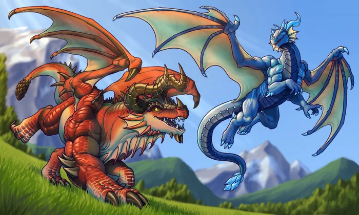 Happy dragons - Art, The Dragon, Run, Flight, The mountains, Field, Happiness, Joy, Digital drawing, Rollwulf