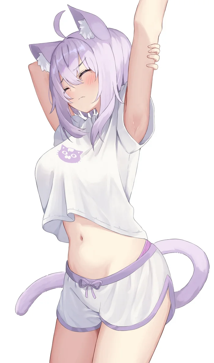 Khh - Anime art, Anime, Virtual youtuber, Hololive, Nekomata Okayu, Animal ears, Tail