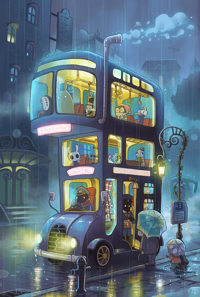 Night bus - Art, Drawing, Bus, Night, Town, Studio ghibli, Hollow knight, Harry Potter, Zootopia, Rain, Instagram (link)