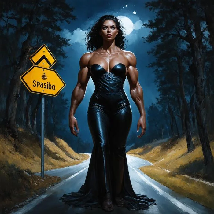 Muscular chick on the night road... - My, Girls, Women, Muscle, Strong girl, Bodybuilders, Sports girls, female bodybuilding, Art, Neural network art, Stable diffusion, Biceps, Нейронные сети, Thank you, Donates to Peekaboo, Gratitude, Sleep-Sleep