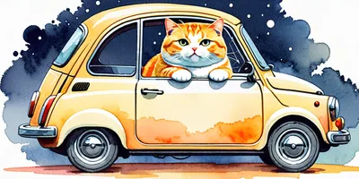 Chubby cat in a tiny car 2D flat illustration t-shirt design with text saying "Living the dream" in the style of watercolor