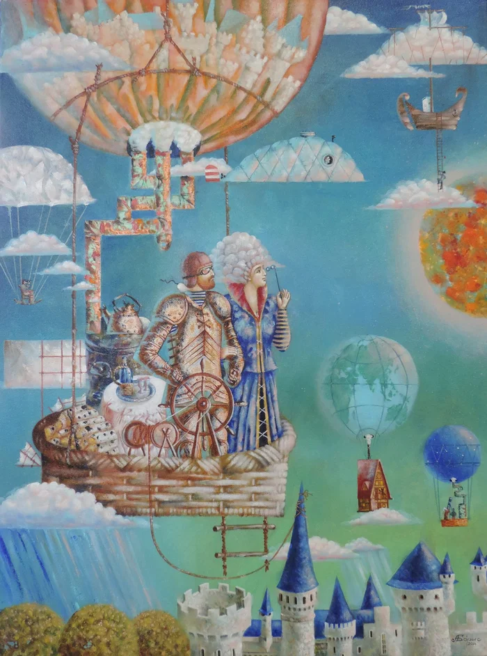 Is there life on Mars? - My, Modern Art, Art, Art, Fantasy, Painting, Copper, Oil painting, Canvas, Surrealism, Knights, Author's painting, Balloon, Lock, Armor, Mars, Rain, Clouds