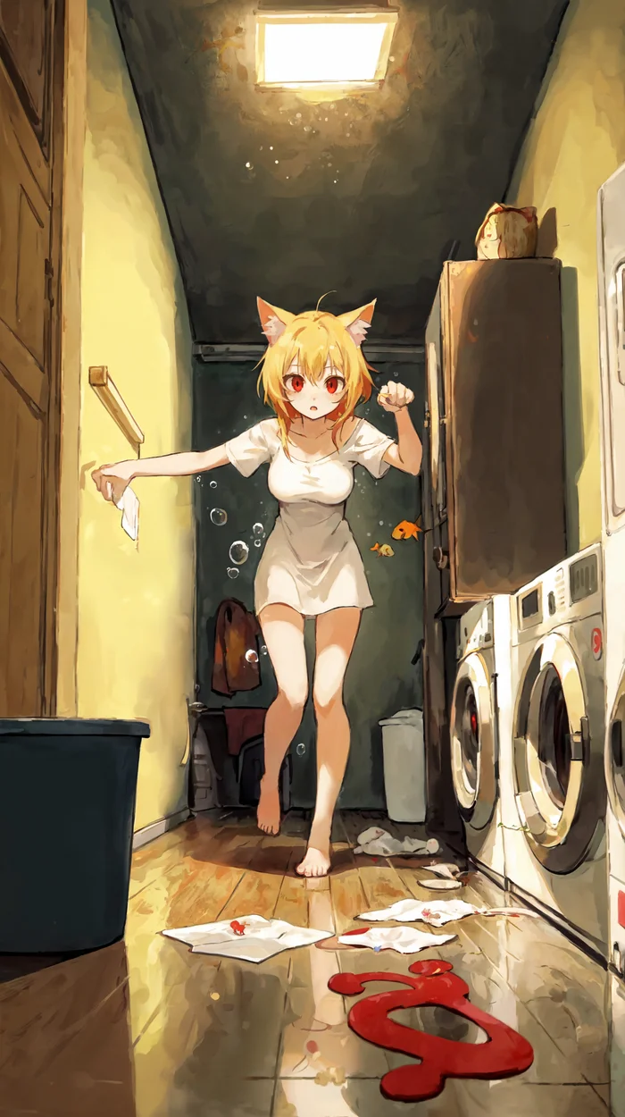 It's time for the big wash - My, Neural network art, Stable diffusion, Girls, Portrait, Anime art, Nekoarc, Neko, In full growth, Laundry, Phone wallpaper, Ears on the crown, Blonde, Barefoot