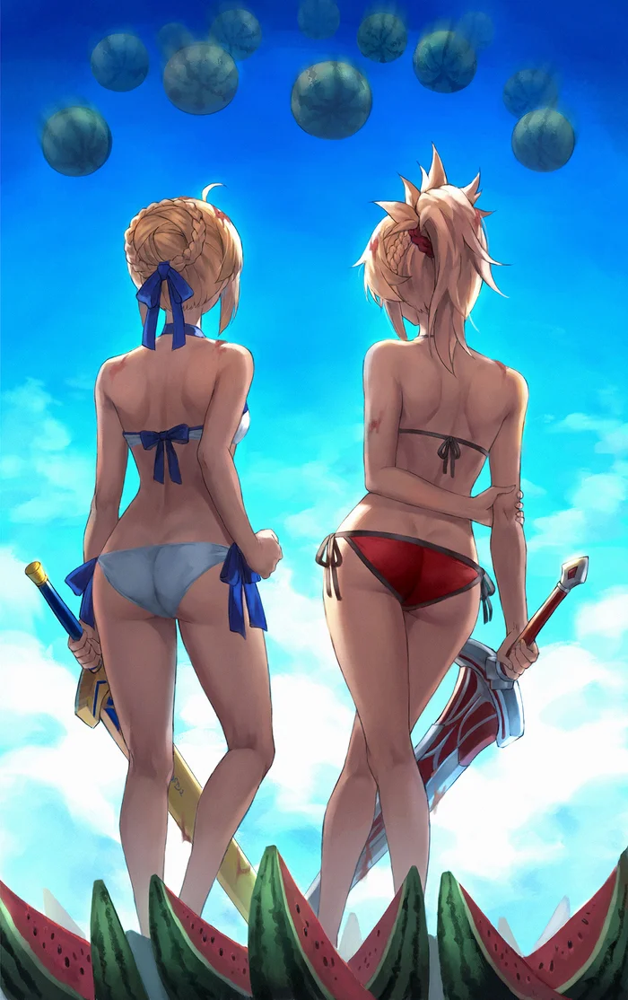 There's a storm coming - Anime art, Anime, Girls, Games, Fate, Artoria pendragon, Mordred, Swimsuit, Bikini