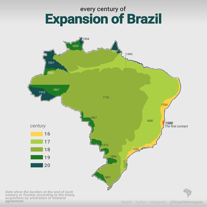Большая часть увеличения Бразилии приходится на колониальные XVII-XVIII века