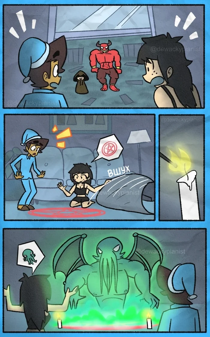 Noisy neighbors - My, Translated by myself, Comics, Humor, Strange humor, Cultists, Satan, Cthulhu, Wackys Weird Comics, Longpost