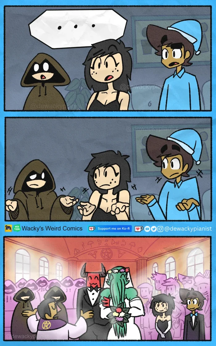 Noisy neighbors - My, Translated by myself, Comics, Humor, Strange humor, Cultists, Satan, Cthulhu, Wackys Weird Comics, Longpost