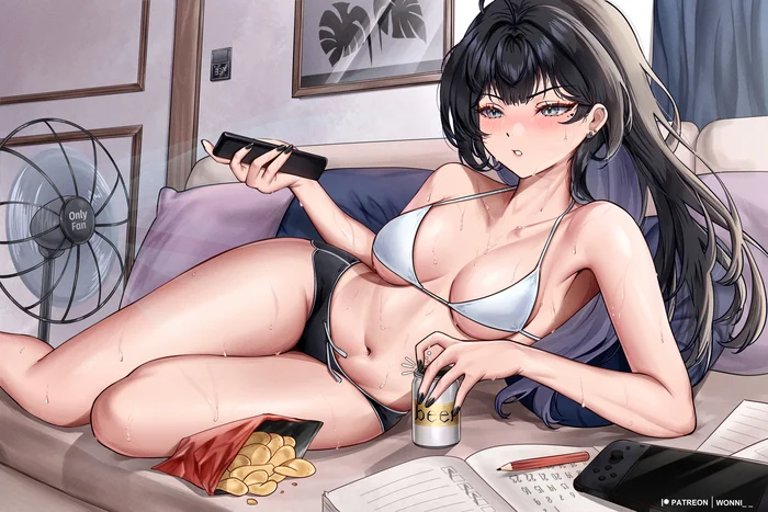 Heat - Anime art, Anime, Original character, Bikini, Beer, Fan, Crisps, Heat