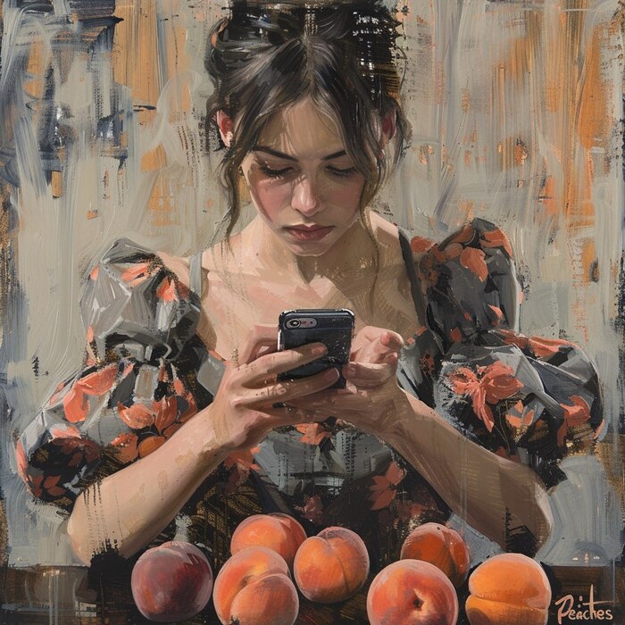 Recreate Valentin Serov's iconic painting Girl with Peaches (preserving the same internal background as the original work), which depicts the heroine holding a phone.