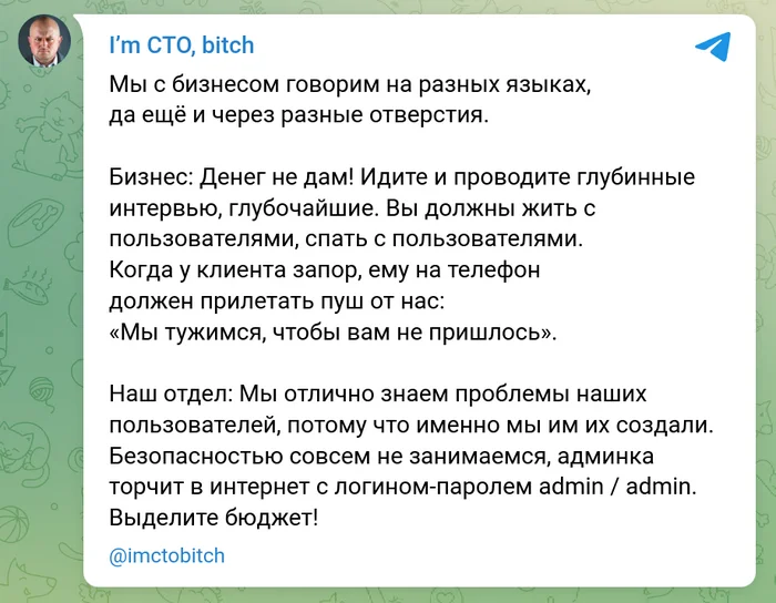 Бизнес и IT не могут договориться - Моё, I`m CTO bitch, IT юмор, IT, Скриншот, Разработка, Бизнес, Пользователи, Безопасность, Бюджет, Деньги, Денег нет, Информационная безопасность