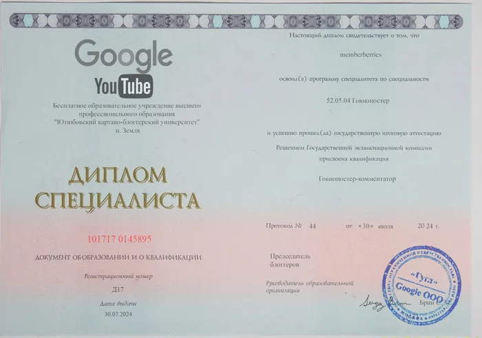 Успейте получить, пока не заблокировали - YouTube, Блокировка youtube, Образование, Странный юмор, Диплом