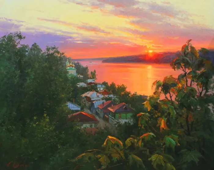 “evening sun over the Volga. Ples / Evgeniy Vagin - Art, Painting, Sunset, Volga river