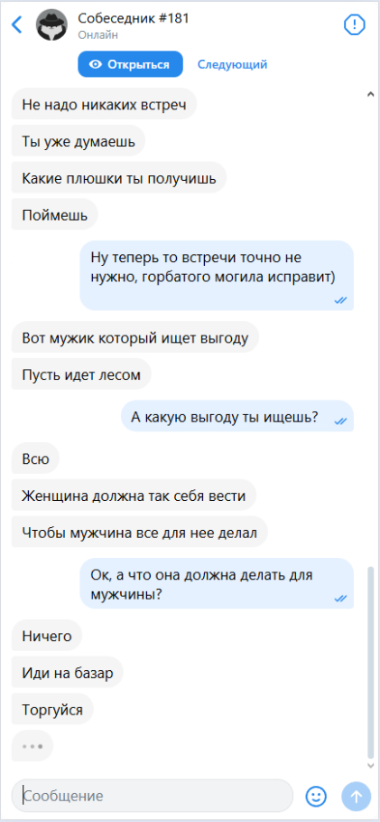 Диалог в анонимном чате - Моё, Общение, Переписка, Скриншот, Диалог, Сайт знакомств, Чат, Мужчины и женщины, Длиннопост, Война полов