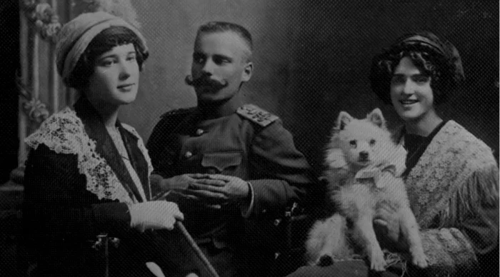 In the photo is the daughter of the commander of the 113th Old Russian Infantry Regiment, Colonel L.L. Kibort. accompanied by an unknown officer 1910 - Starorussky, Black and white photo, Dog, Military uniform, Old photo