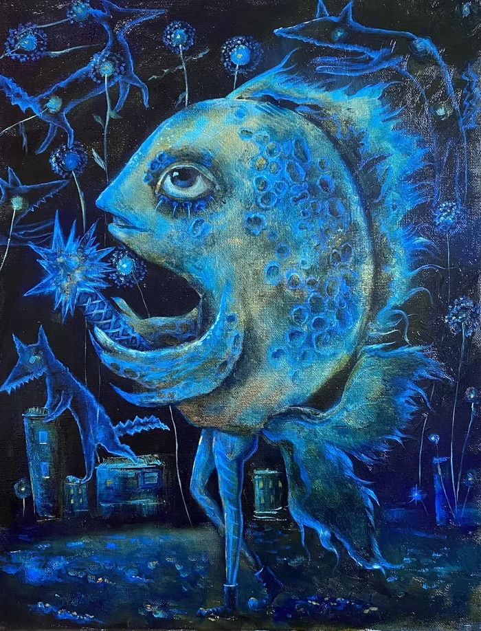 Moonfish and flying wolves - My, Zolotaya Potal, Canvas, Painting, Artist, Modern Art