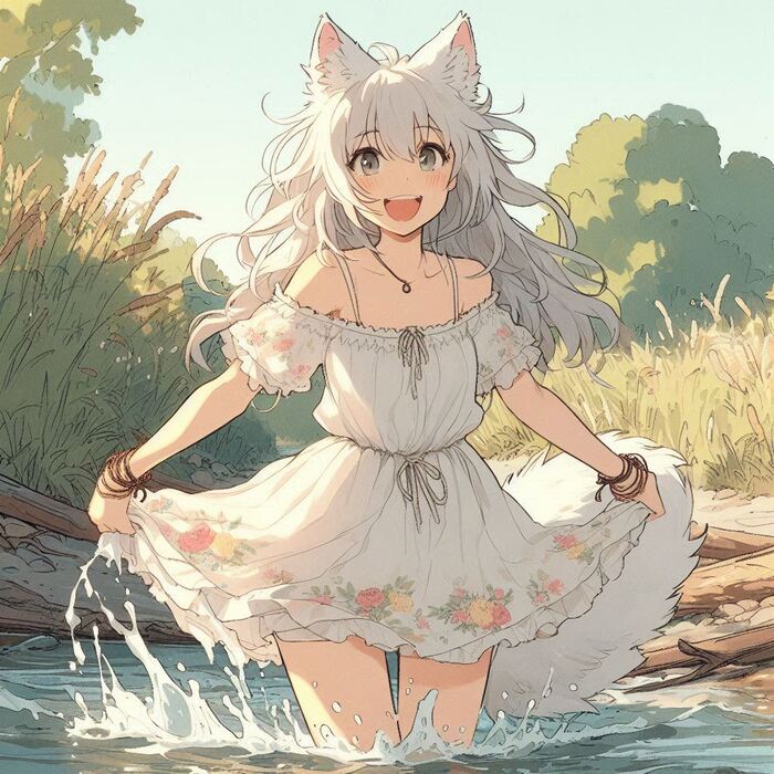 Don't get your tails wet! - My, Art, Neural network art, Нейронные сети, Girls, Anime art, Original character, Kitsune, Animal ears, Tail, Redheads, Freckles, Summer, The dress, Pantsu, Ginger & White, Longpost