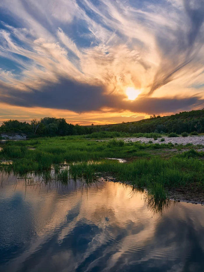 On the road with the clouds - The photo, Nature, Evening, Sunset, Sky, Clouds, River, Reflection, Medveditsa River