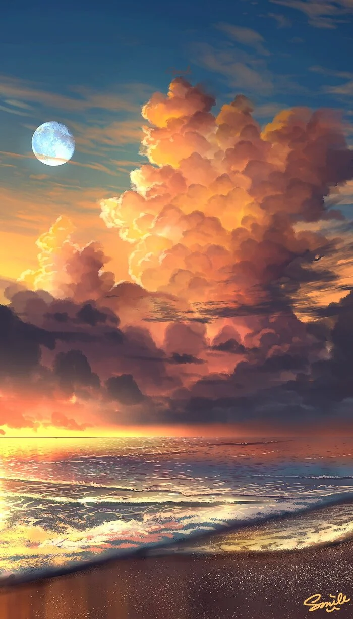 Clouds - Art, Drawing, Clouds, Beach, Wave, moon