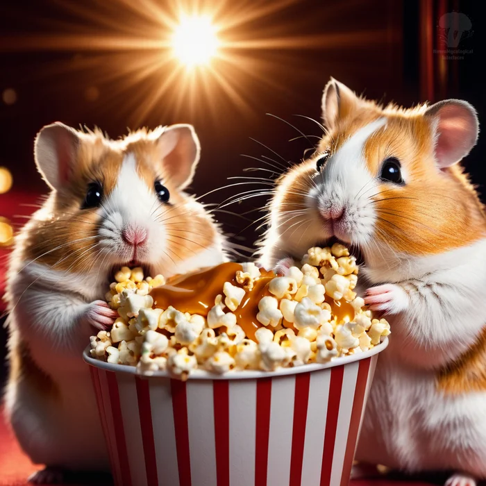 Happy Caramel Popcorn Day! - My, Neural network art, Chatgpt, Stable diffusion, 2D, Art, Popcorn, Hamster, Postcard, Absurd