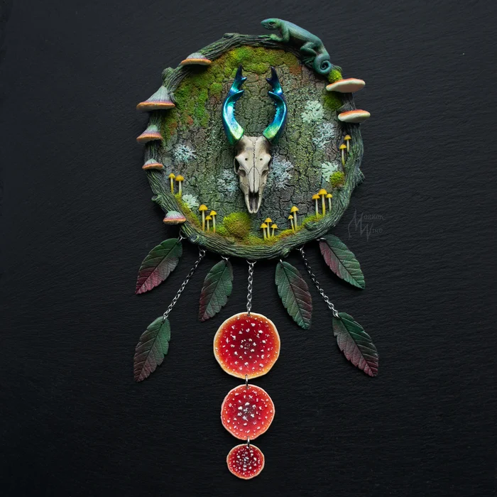 Continuation of the post “My work is a stylized forest dream catcher” - My, Scull, Dreamcatcher, Needlework without process, Vertical video, Reply to post, Longpost