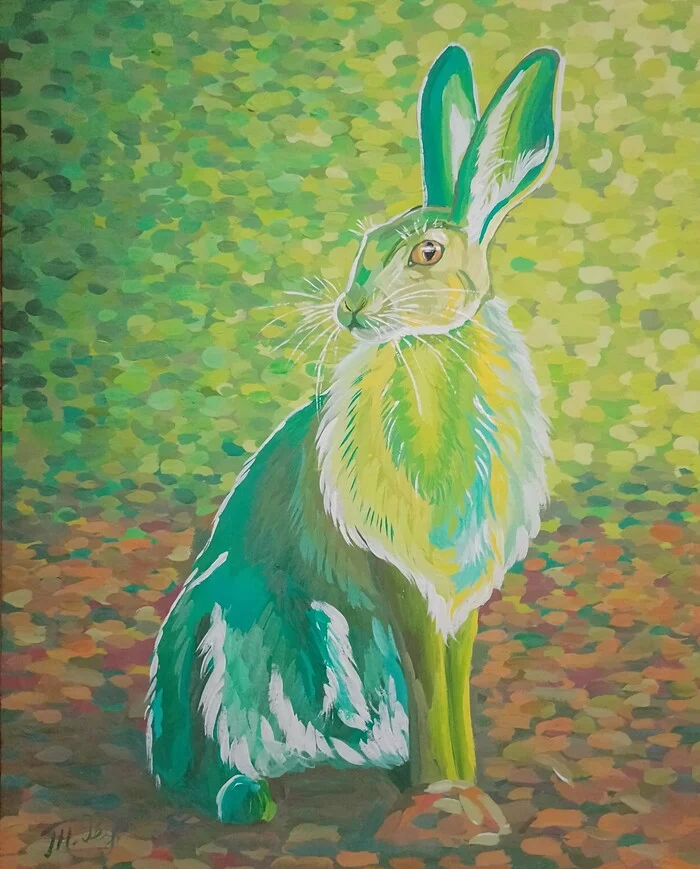 The Acid Bunny by Tatyana Fedina - My, Painting, Animals, Hare, Greenery, Acrylic, Self-taught artist